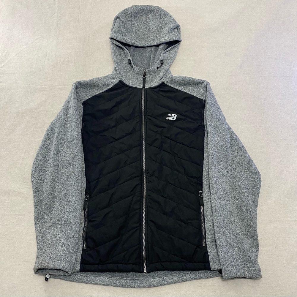 New Balance Men's M Gray/Black Hooded Full Zip Quilted Jacket Fleece Lined